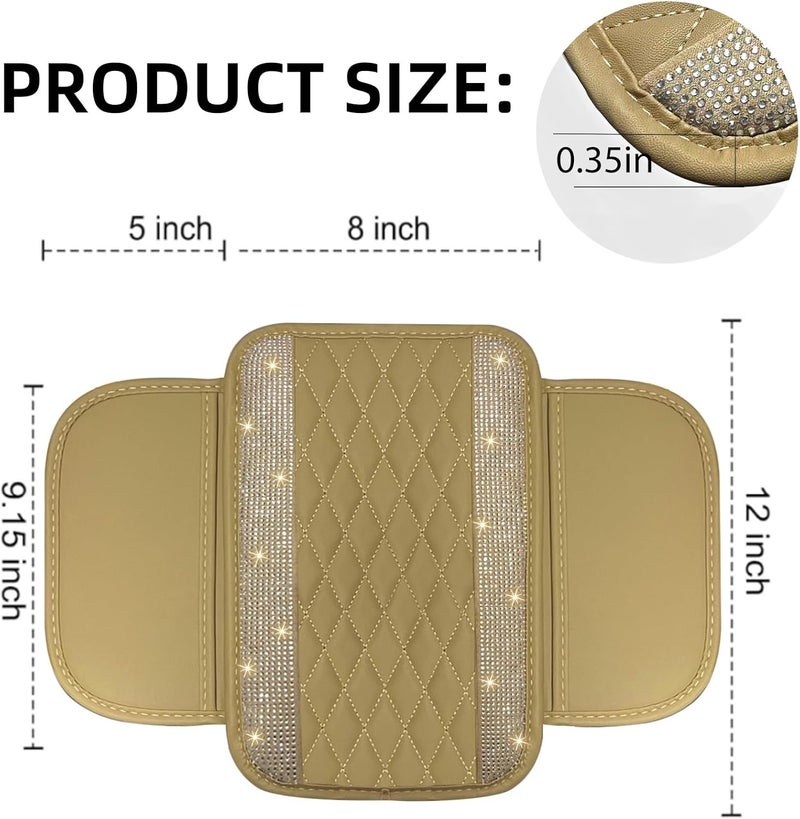 NBTEPEM Bling Beige Car Center Console Cover, Leather Car Arm Rest Cover with 2 Storage Bags, Universal Auto Armrest Protector Storage Box, Bling Accessories Interior for Most Vehicles - Image 2